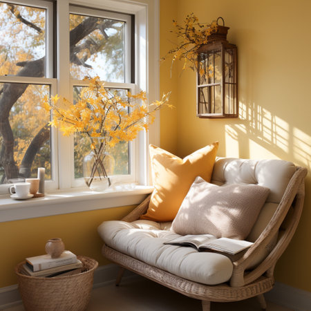 Interior Design Cozy modern Reading Nook, Warm light Radiate peaceful and serene atmosphere, home decoration in a country house, comfort at home, AI Generativeの素材