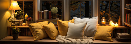 Interior Design Cozy modern Reading Nook, Warm light Radiate peaceful and serene atmosphere, home decoration in a country house, comfort at home, AI Generativeの素材