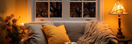 Interior Design Cozy modern Reading Nook, Warm light Radiate peaceful and serene atmosphere, home decoration in a country house, comfort at home, AI Generativeの素材