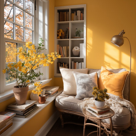Interior Design Cozy modern Reading Nook, Warm light Radiate peaceful and serene atmosphere, home decoration in a country house, comfort at home, AI Generativeの素材