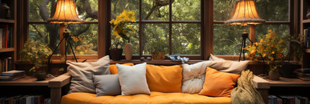 Interior Design Cozy modern Reading Nook, Warm light Radiate peaceful and serene atmosphere, home decoration in a country house, comfort at home, AI Generativeの素材