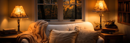Interior Design Cozy modern Reading Nook, Warm light Radiate peaceful and serene atmosphere, home decoration in a country house, comfort at home, AI Generativeの素材