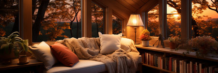 Interior Design Cozy modern Reading Nook, Warm light Radiate peaceful and serene atmosphere, home decoration in a country house, comfort at home, AI Generativeの素材