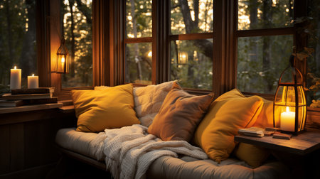 Interior Design Cozy modern Reading Nook, Warm light Radiate peaceful and serene atmosphere, home decoration in a country house, comfort at home, AI Generativeの素材