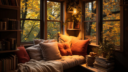 Interior Design Cozy modern Reading Nook, Warm light Radiate peaceful and serene atmosphere, home decoration in a country house, comfort at home, AI Generativeの素材