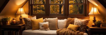 Interior Design Cozy modern Reading Nook, Warm light Radiate peaceful and serene atmosphere, home decoration in a country house, comfort at home, AI Generativeの素材
