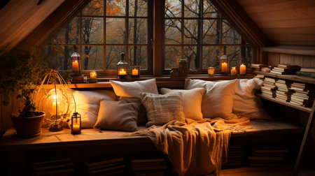 Interior Design Cozy modern Reading Nook, Warm light Radiate peaceful and serene atmosphere, home decoration in a country house, comfort at home, AI Generativeの素材
