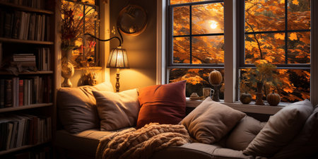 Interior Design Cozy modern Reading Nook, Warm light Radiate peaceful and serene atmosphere, home decoration in a country house, comfort at home, AI Generativeの素材