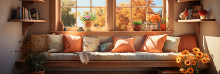 Interior Design Cozy modern Reading Nook, Warm light Radiate peaceful and serene atmosphere, home decoration in a country house, comfort at home, AI Generativeの素材