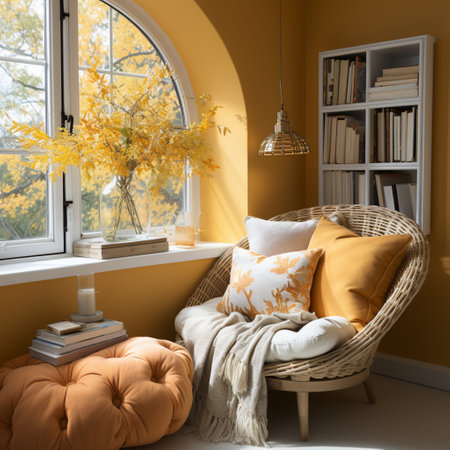 Interior Design Cozy modern Reading Nook, Warm light Radiate peaceful and serene atmosphere, home decoration in a country house, comfort at home, AI Generativeの素材