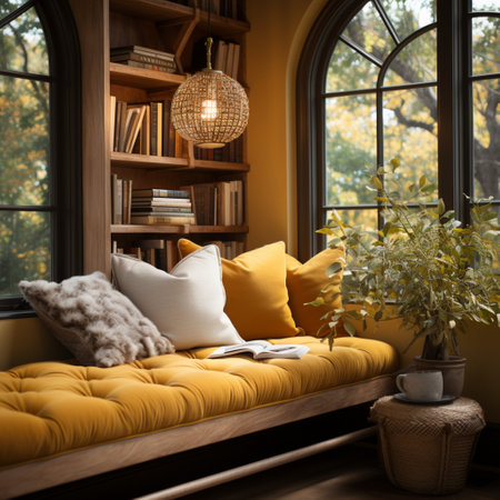 Interior Design Cozy modern Reading Nook, Warm light Radiate peaceful and serene atmosphere, home decoration in a country house, comfort at home, AI Generativeの素材