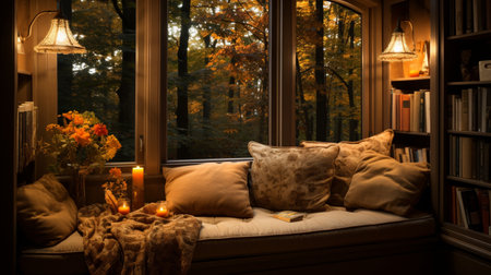 Interior Design Cozy modern Reading Nook, Warm light Radiate peaceful and serene atmosphere, home decoration in a country house, comfort at home, AI Generativeの素材