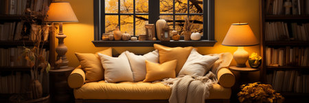 Interior Design Cozy modern Reading Nook, Warm light Radiate peaceful and serene atmosphere, home decoration in a country house, comfort at home, AI Generativeの素材