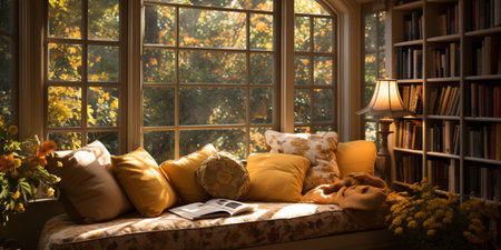 Interior Design Cozy modern Reading Nook, Warm light Radiate peaceful and serene atmosphere, home decoration in a country house, comfort at home, AI Generativeの素材