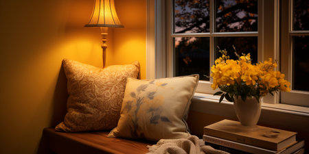 Interior Design Cozy modern Reading Nook, Warm light Radiate peaceful and serene atmosphere, home decoration in a country house, comfort at home, AI Generativeの素材