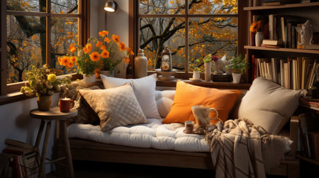 Interior Design Cozy modern Reading Nook, Warm light Radiate peaceful and serene atmosphere, home decoration in a country house, comfort at home, AI Generativeの素材