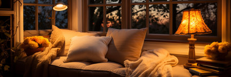 Interior Design Cozy modern Reading Nook, Warm light Radiate peaceful and serene atmosphere, home decoration in a country house, comfort at home, AI Generativeの素材
