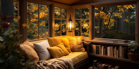 Interior Design Cozy modern Reading Nook, Warm light Radiate peaceful and serene atmosphere, home decoration in a country house, comfort at home, AI Generativeの素材