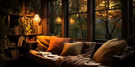 Interior Design Cozy modern Reading Nook, Warm light Radiate peaceful and serene atmosphere, home decoration in a country house, comfort at home, AI Generativeの素材
