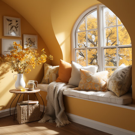 Interior Design Cozy modern Reading Nook, Warm light Radiate peaceful and serene atmosphere, home decoration in a country house, comfort at home, AI Generativeの素材