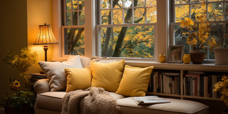 Interior Design Cozy modern Reading Nook, Warm light Radiate peaceful and serene atmosphere, home decoration in a country house, comfort at home, AI Generativeの素材