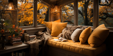 Interior Design Cozy modern Reading Nook, Warm light Radiate peaceful and serene atmosphere, home decoration in a country house, comfort at home, AI Generativeの素材