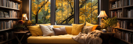Interior Design Cozy modern Reading Nook, Warm light Radiate peaceful and serene atmosphere, home decoration in a country house, comfort at home, AI Generativeの素材