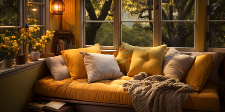 Interior Design Cozy modern Reading Nook, Warm light Radiate peaceful and serene atmosphere, home decoration in a country house, comfort at home, AI Generativeの素材