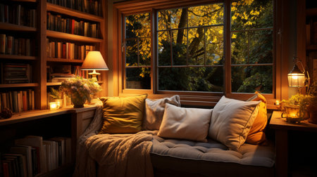 Interior Design Cozy modern Reading Nook, Warm light Radiate peaceful and serene atmosphere, home decoration in a country house, comfort at home, AI Generativeの素材