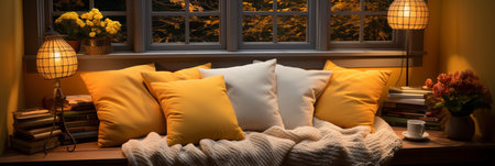 Interior Design Cozy modern Reading Nook, Warm light Radiate peaceful and serene atmosphere, home decoration in a country house, comfort at home, AI Generativeの素材
