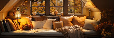 Interior Design Cozy modern Reading Nook, Warm light Radiate peaceful and serene atmosphere, home decoration in a country house, comfort at home, AI Generativeの素材