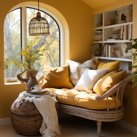 Interior Design Cozy modern Reading Nook, Warm light Radiate peaceful and serene atmosphere, home decoration in a country house, comfort at home, AI Generativeの素材