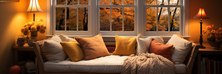 Interior Design Cozy modern Reading Nook, Warm light Radiate peaceful and serene atmosphere, home decoration in a country house, comfort at home, AI Generativeの素材