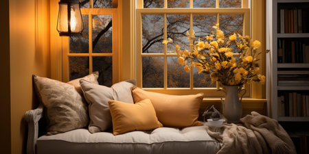 Interior Design Cozy modern Reading Nook, Warm light Radiate peaceful and serene atmosphere, home decoration in a country house, comfort at home, AI Generativeの素材