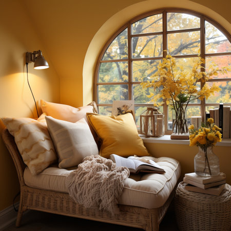 Interior Design Cozy modern Reading Nook, Warm light Radiate peaceful and serene atmosphere, home decoration in a country house, comfort at home, AI Generativeの素材
