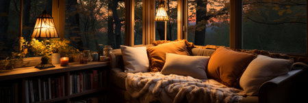 Interior Design Cozy modern Reading Nook, Warm light Radiate peaceful and serene atmosphere, home decoration in a country house, comfort at home, AI Generativeの素材