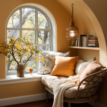 Interior Design Cozy modern Reading Nook, Warm light Radiate peaceful and serene atmosphere, home decoration in a country house, comfort at home, AI Generativeの素材