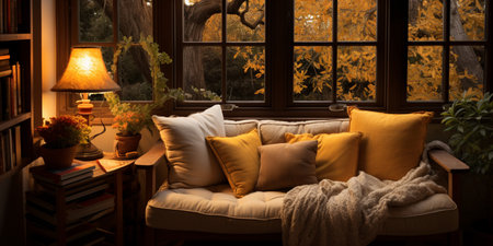 Interior Design Cozy modern Reading Nook, Warm light Radiate peaceful and serene atmosphere, home decoration in a country house, comfort at home, AI Generativeの素材