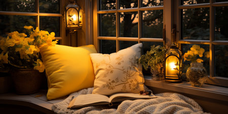 Interior Design Cozy modern Reading Nook, Warm light Radiate peaceful and serene atmosphere, home decoration in a country house, comfort at home, AI Generativeの素材