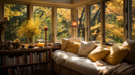 Interior Design Cozy modern Reading Nook, Warm light Radiate peaceful and serene atmosphere, home decoration in a country house, comfort at home, AI Generativeの素材