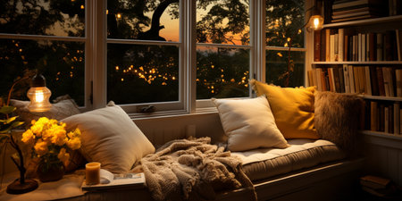 Interior Design Cozy modern Reading Nook, Warm light Radiate peaceful and serene atmosphere, home decoration in a country house, comfort at home, AI Generativeの素材
