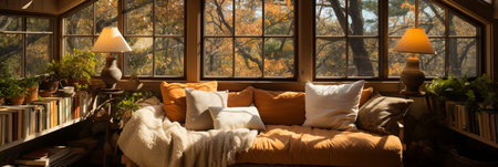 Interior Design Cozy modern Reading Nook, Warm light Radiate peaceful and serene atmosphere, home decoration in a country house, comfort at home, AI Generativeの素材