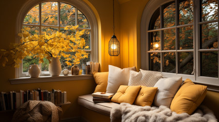 Interior Design Cozy modern Reading Nook, Warm light Radiate peaceful and serene atmosphere, home decoration in a country house, comfort at home, AI Generativeの素材