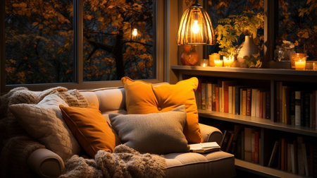 Interior Design Cozy modern Reading Nook, Warm light Radiate peaceful and serene atmosphere, home decoration in a country house, comfort at home, AI Generativeの素材