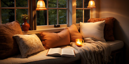 Interior Design Cozy modern Reading Nook, Warm light Radiate peaceful and serene atmosphere, home decoration in a country house, comfort at home, AI Generativeの素材