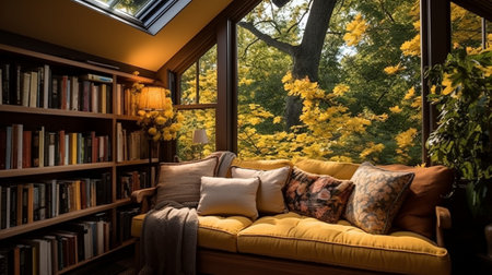 Interior Design Cozy modern Reading Nook, Warm light Radiate peaceful and serene atmosphere, home decoration in a country house, comfort at home, AI Generativeの素材