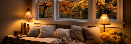 Interior Design Cozy modern Reading Nook, Warm light Radiate peaceful and serene atmosphere, home decoration in a country house, comfort at home, AI Generativeの素材