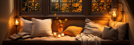 Interior Design Cozy modern Reading Nook, Warm light Radiate peaceful and serene atmosphere, home decoration in a country house, comfort at home, AI Generativeの素材