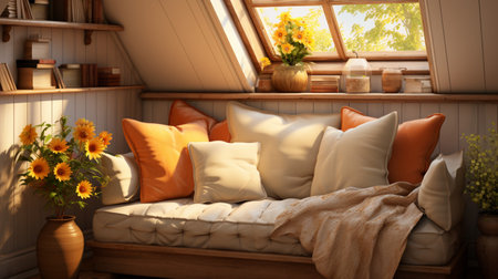 Interior Design Cozy modern Reading Nook, Warm light Radiate peaceful and serene atmosphere, home decoration in a country house, comfort at home, AI Generativeの素材