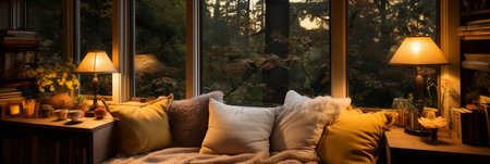 Interior Design Cozy modern Reading Nook, Warm light Radiate peaceful and serene atmosphere, home decoration in a country house, comfort at home, AI Generativeの素材